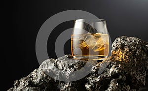Whiskey with ice on a grey stone