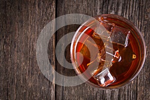Whiskey with ice. Top view vith copy space