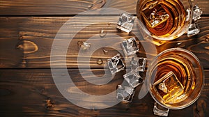 Whiskey with ice on a wooden table, viewed from above.