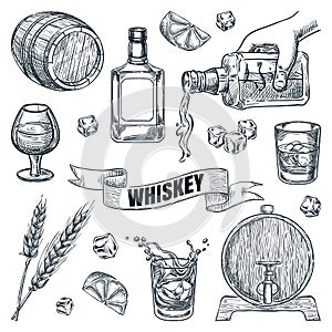 Whiskey icons collection. Glasses, bottle, barrel hand drawn elements for pub, bar menu. Vector sketch illustration