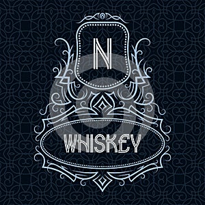 Whiskey label design template. Patterned vintage monogram with text on seamless pattern background