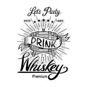 Whiskey label vintage hand drawn border typography blackboard vector. Alcohol. Wooden barrels drinks signs. Typographic labels, ba