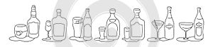 Whiskey liquor beer tequila rum martini vermouth bottle and glass outline icon on white background. Black white cartoon sketch