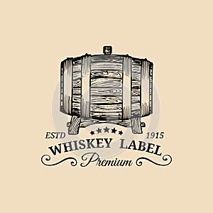 Whiskey logo. Vector sign with wooden barrel. Typographic label, badge with hand sketched keg for restaurant, bar menu.