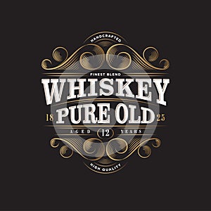 Whiskey Logo. Whiskey Pure Old Label. Premium Packaging Design. Lettering Composition and Curlicues Decorative Elements.