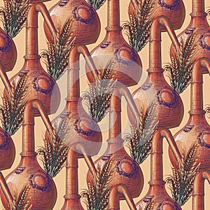 Whiskey making process from grain to bottle. Copper Still - a pot for spirits distillation with barely ears. Seamless pattern