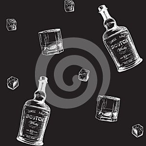 Whiskey making process from grain to bottle. Scotch whiskey bottle, glass with some ice cubes. Seamless pattern.