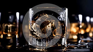 Whiskey, poured into a glass, with pieces of transparent ice cubes, on a wet dark surface