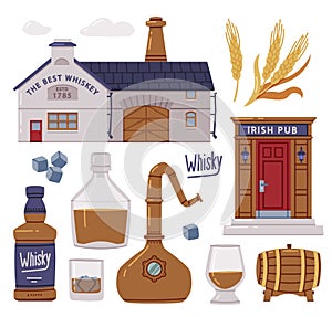 Whiskey Production Process with Irish Pub, Distillation, and Glass Bottles with Strong Spirit Vector Set