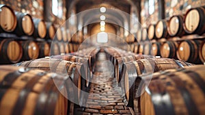 Whiskey, scotch, bourbon, scottish wine in barrels for aging, modern alcohol production. Winery, storage cellar.