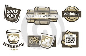 Whiskey and scotch isolated icons, alcohol drink production