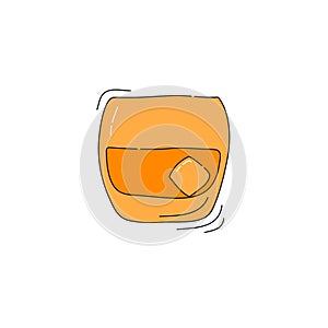 Whiskey shot glass on white background. Cartoon sketch graphic design. Doodle style. Colored hand drawn image. Party drink concept