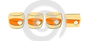 Whiskey shot glass on white background. Cartoon sketch graphic design. Doodle style. Colored hand drawn image. Party drink concept