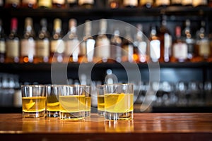 whiskey sours on a bar shelf with blurred bottles in background