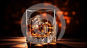 Whiskey stock photo capturing the rich amber tones of a poured whiskey glass on a rustic wooden surface. photo