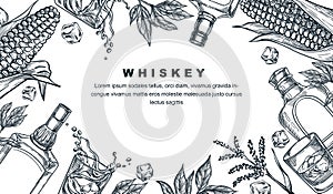Whiskey tasting banner, poster or party flyer. Vector sketch frame illustration of whisky or brandy bottle, glasses, corn.