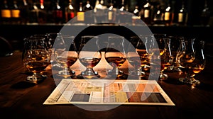 Whiskey Tasting Glasses on Wooden Tray, with Distillery Barrel Room in Background