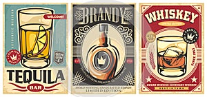 Whiskey, tequila and brandy retro poster designs