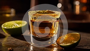 Whiskey, tequila, lime, cocktail, citrus fruit, shot glass, yellow, table, ice generated by AI