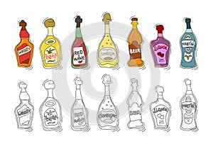 Whiskey, tequila, red wine, champagne, beer, liquor, martini bottle on white background. Two kinds beverage. Cartoon sketch.