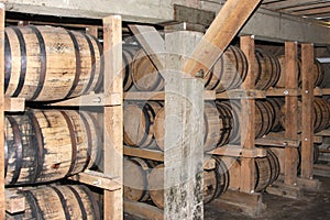 Whiskey or wine aging in barrels