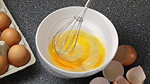 Whisking three fresh raw chicken eggs