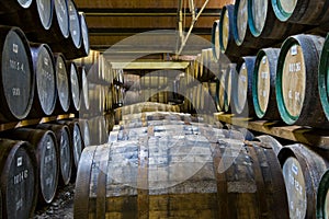 Whisky barrels in a distillery