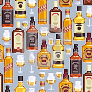 Whisky bottles and glasses background.