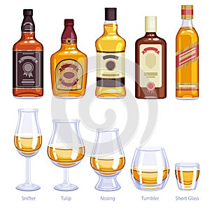 Whisky bottles and glasses icons set.