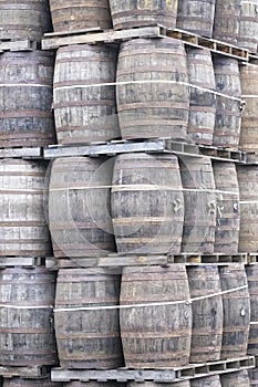 Whisky casks stacked at distillery for storage