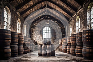 whisky casks stacked in a historic stone warehouse