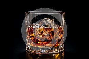 Whisky glass with amber liquid, isolated on black background with text space for creative messaging