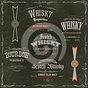 Whisky Labels And Seals On Chalkboard Background