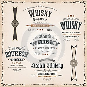 Whisky Labels And Seals On Vintage Background