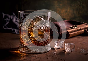 Whisky on the rocks in a glass on wooden background. Still life. Created with Generative AI