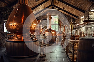 whisky stills in a traditional distillery setting