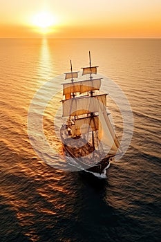 Whispering Breeze. Small sailing ship in the open sea at sunset.