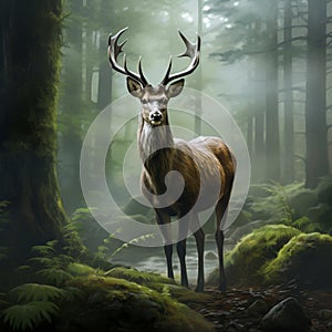 Whispering Woods - A deer attentively listening in a forest thick with fog