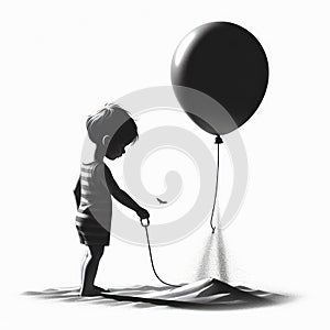 Whispers of Solitude: Little Boy with Floating Balloon in Black & White
