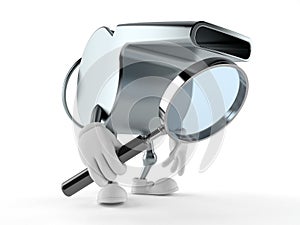 Whistle character looking through magnifying glass