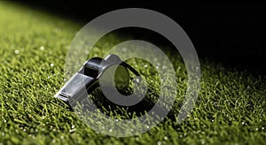 Whistle on green grass field closeup