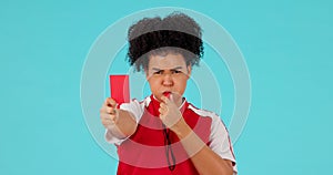 Whistle, red card and female referee in a studio with rules for a football match, game or tournament. Sports, fitness