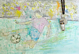 Whistle of soccer referee or coach and handpainted watercolor grungy soccer player and soccer ball.Great soccer event in 2024