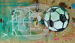 Whistle of soccer referee or coach and soccer ball on grungy background.Great international soccer event in europe 2024.