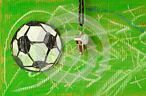 Whistle of soccer referee or coach and soccer ball on grungy background.Great international soccer event in europe 2024.Negative