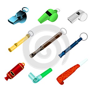 Whistle vector sport blowing equipment referee judge game and coach whistling sound tool illustration set of trainer