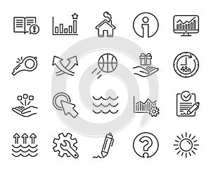 Whistle, Waves and Sun line icons. Signature, Global warming. Vector