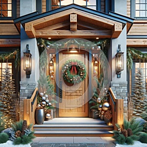 Whistler Chalet Luxury Home Front Wood Entrance Door Decorations Christmas Holiday Celebrating Season Wreath AI Generate