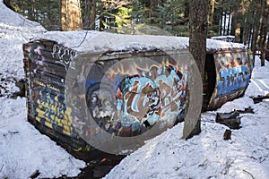 Whistler Train wreck site with grafitti painted rail car