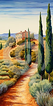 Whistlerian Cinquecento: A Detailed Architecture Painting Of A Dirt Path Near Pine Trees